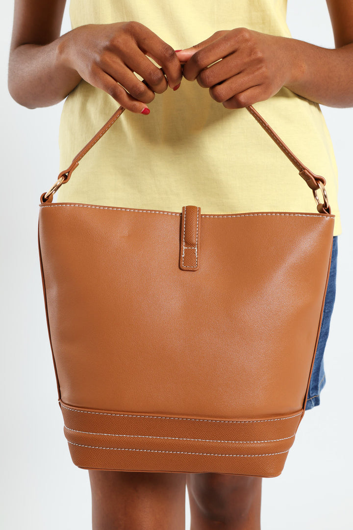 Top Handle Bucket Crossbody Bag - Tan
