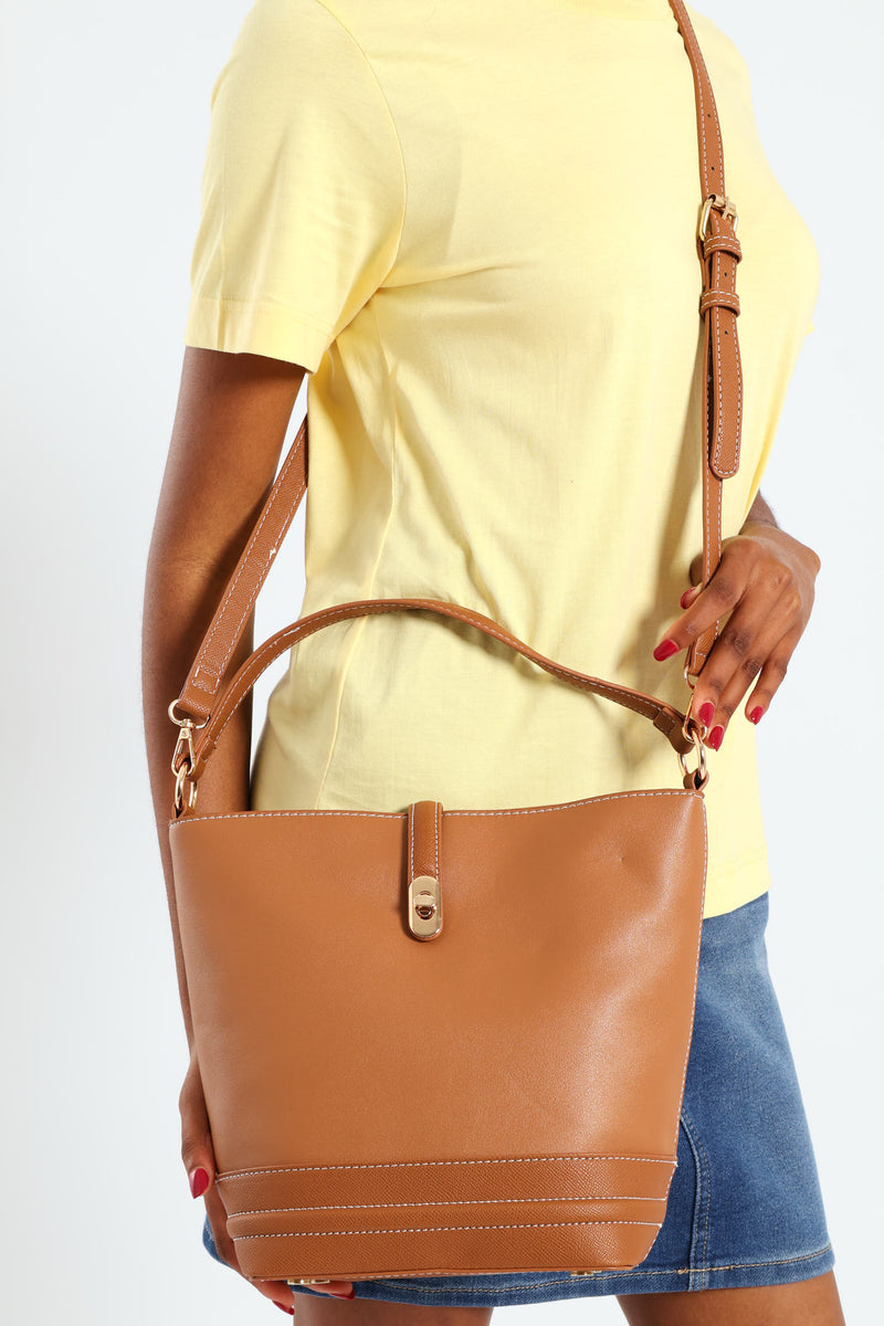 Top Handle Bucket Crossbody Bag - Tan
