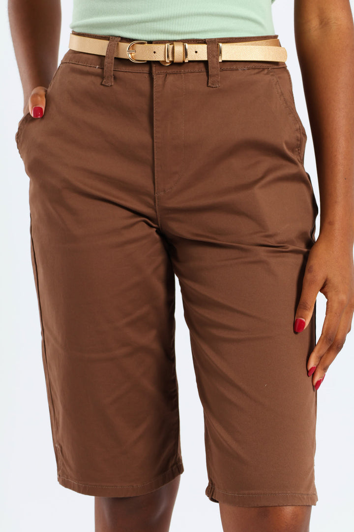 Belted Sateen Bermuda Chino Shorts - Mocha