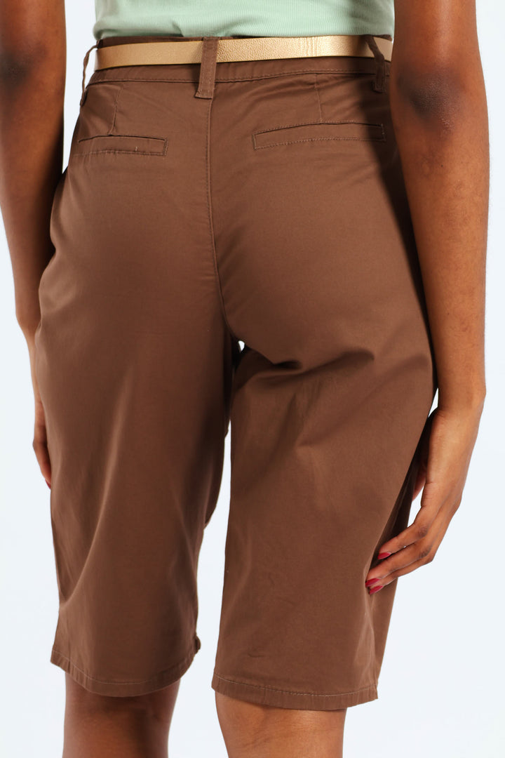 Belted Sateen Bermuda Chino Shorts - Mocha