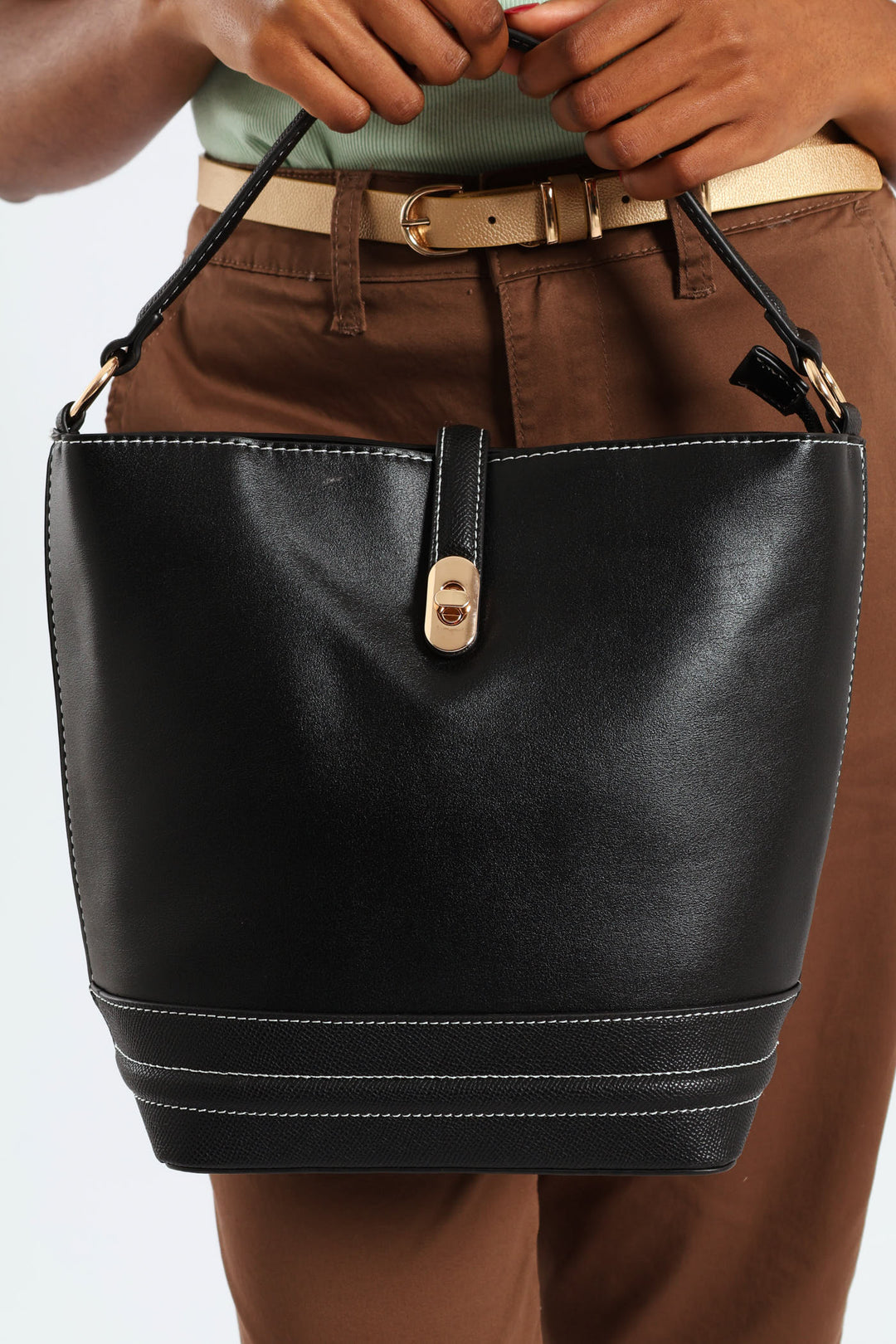 Top Handle Bucket Crossbody Bag - Black