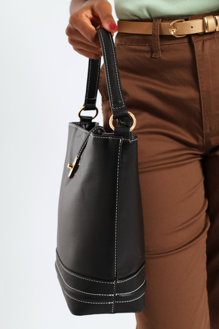 Top Handle Bucket Crossbody Bag - Black