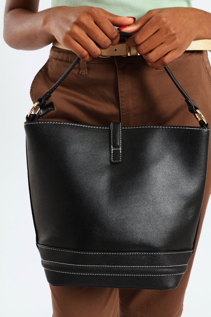 Top Handle Bucket Crossbody Bag - Black