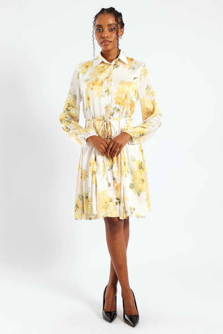 Button Through Belted Godet Tea Dress - Cream