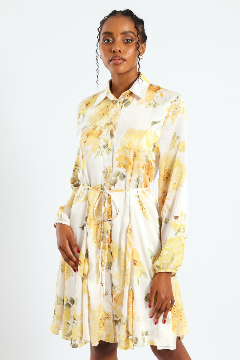 Button Through Belted Godet Tea Dress - Cream
