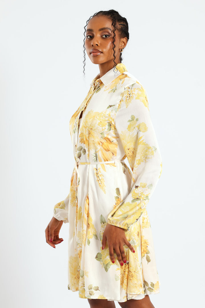 Button Through Belted Godet Tea Dress - Cream