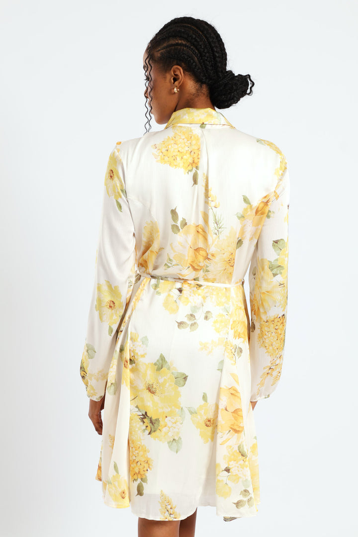 Button Through Belted Godet Tea Dress - Cream