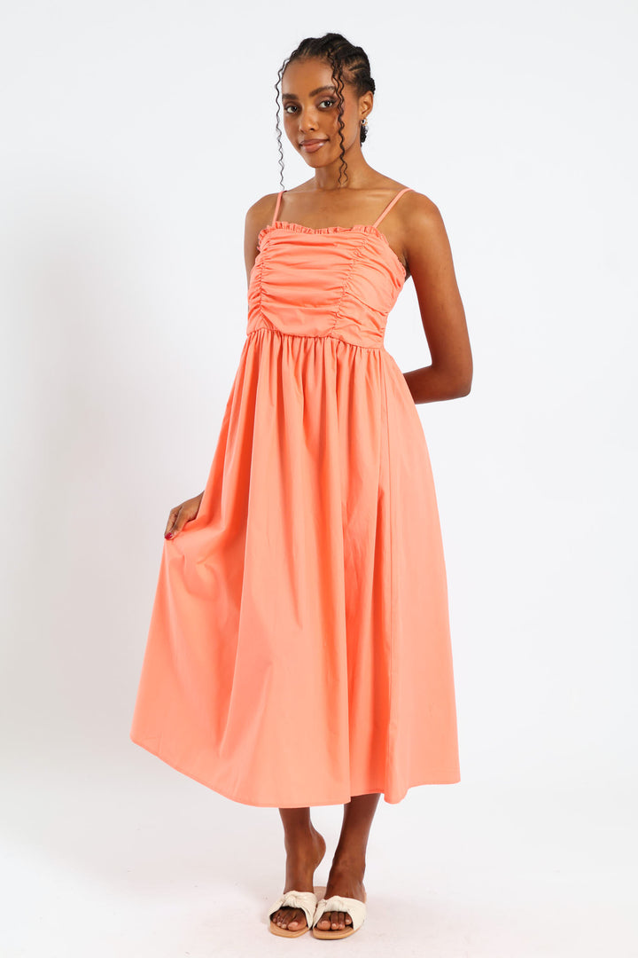 Strappy Ruched Bodice Midi Sundress - Light Coral