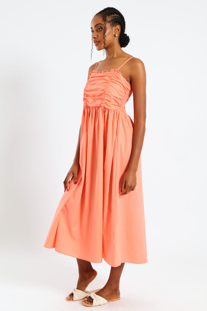 Strappy Ruched Bodice Midi Sundress - Light Coral