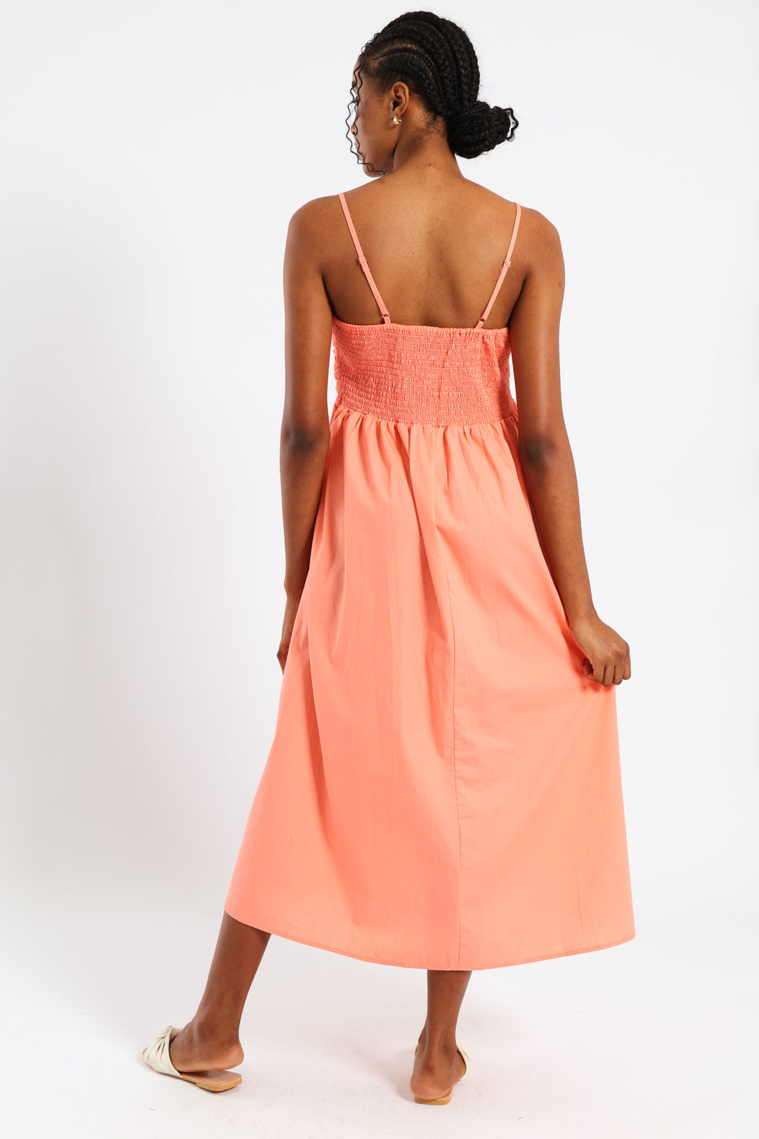 Strappy Ruched Bodice Midi Sundress - Light Coral