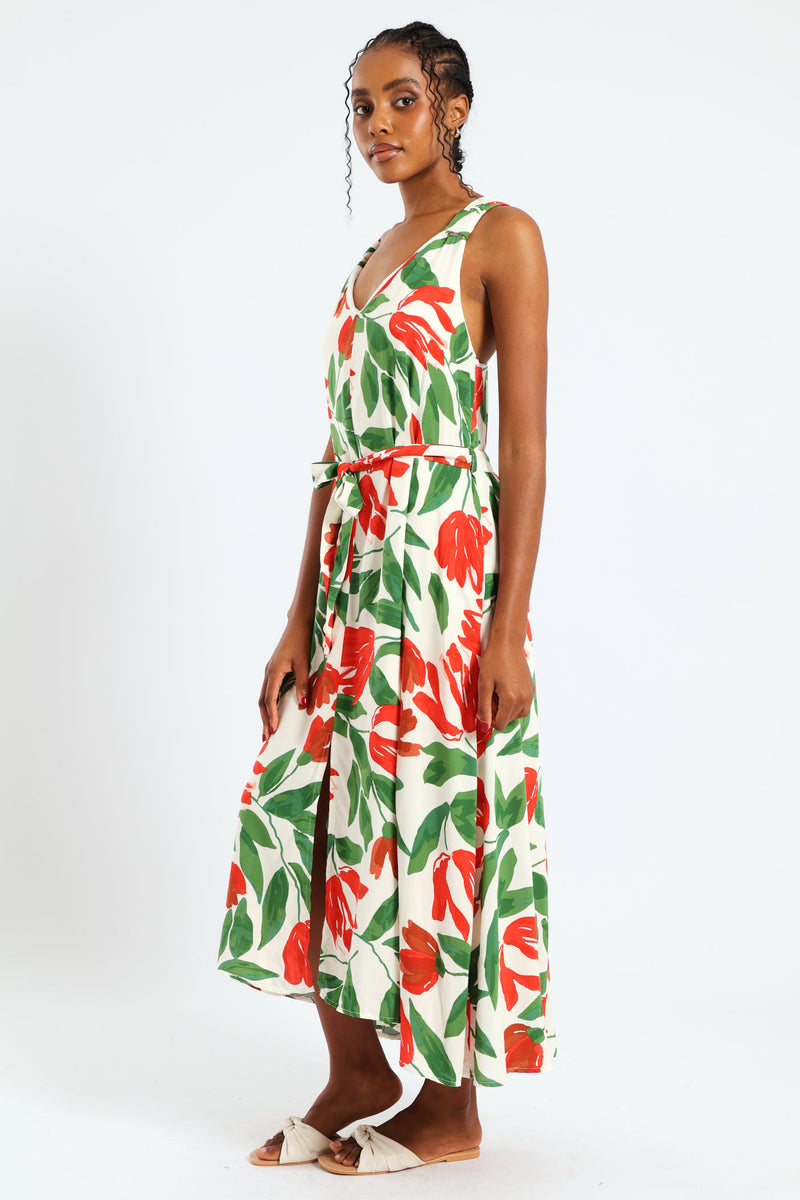 Sleeveless Wide Strap V-Neck Trapeze Midi Dress - Multi