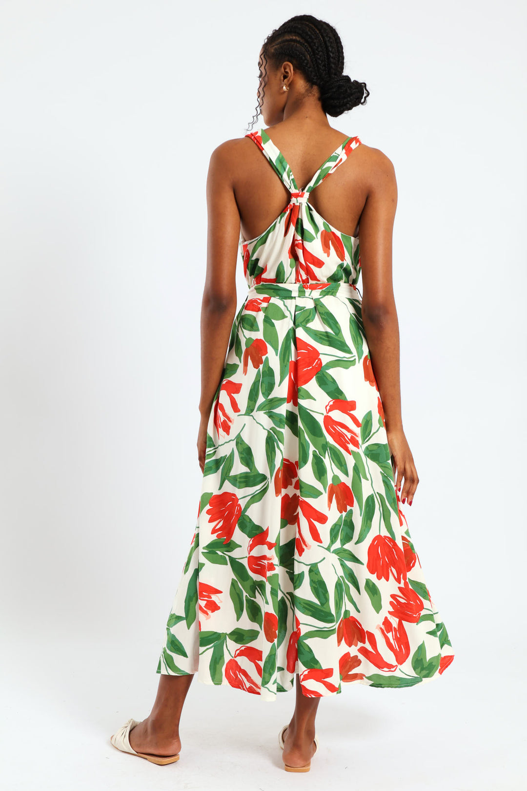 Sleeveless Wide Strap V-Neck Trapeze Midi Dress - Multi