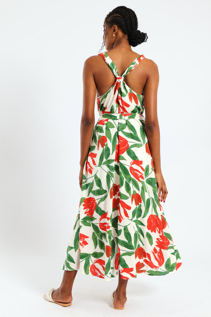 Sleeveless Wide Strap V-Neck Trapeze Midi Dress - Multi