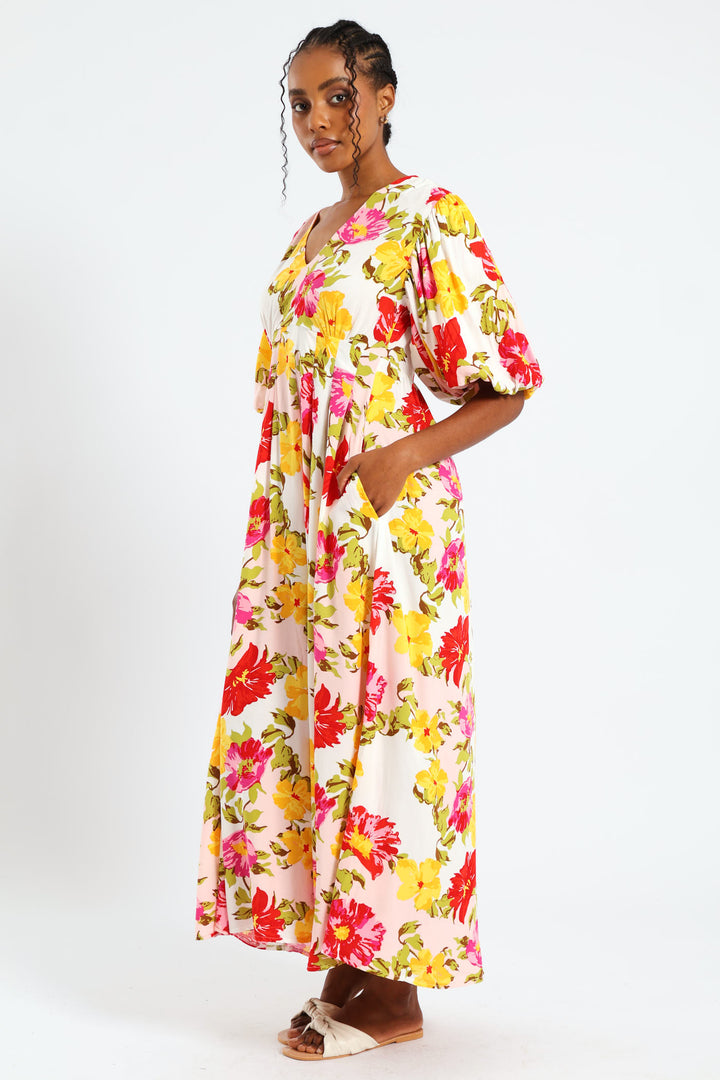 Bubble Sleeve V-Neck Pleat Detail Midaxi Dress