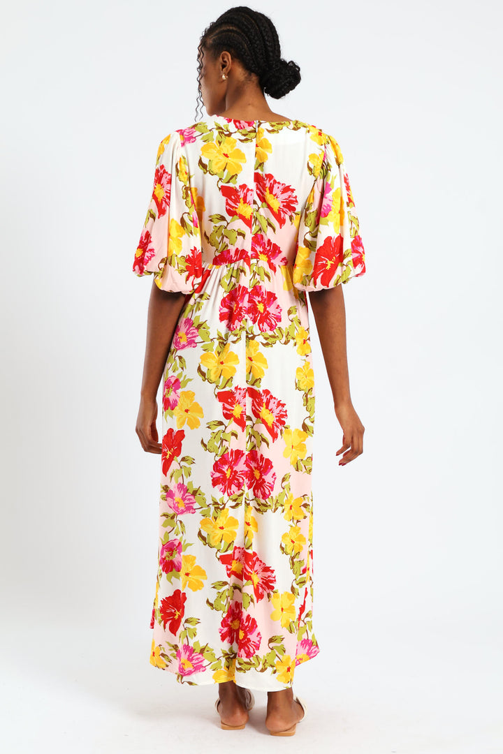 Bubble Sleeve V-Neck Pleat Detail Midaxi Dress