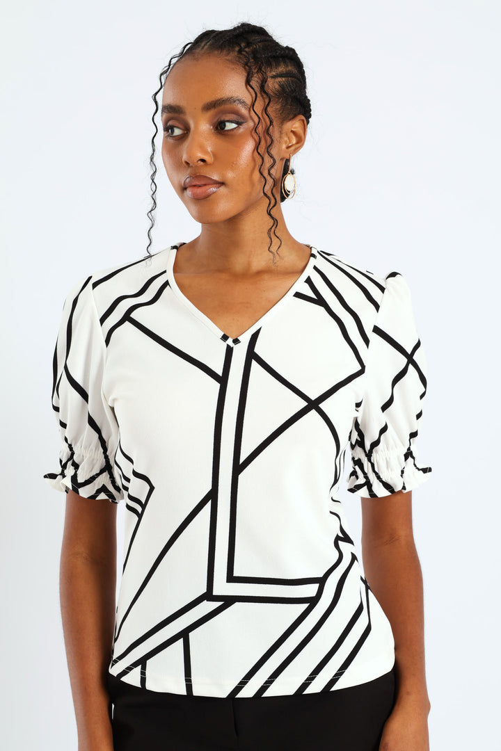 V-Neck Puff Sleeve Blouse - Black/White