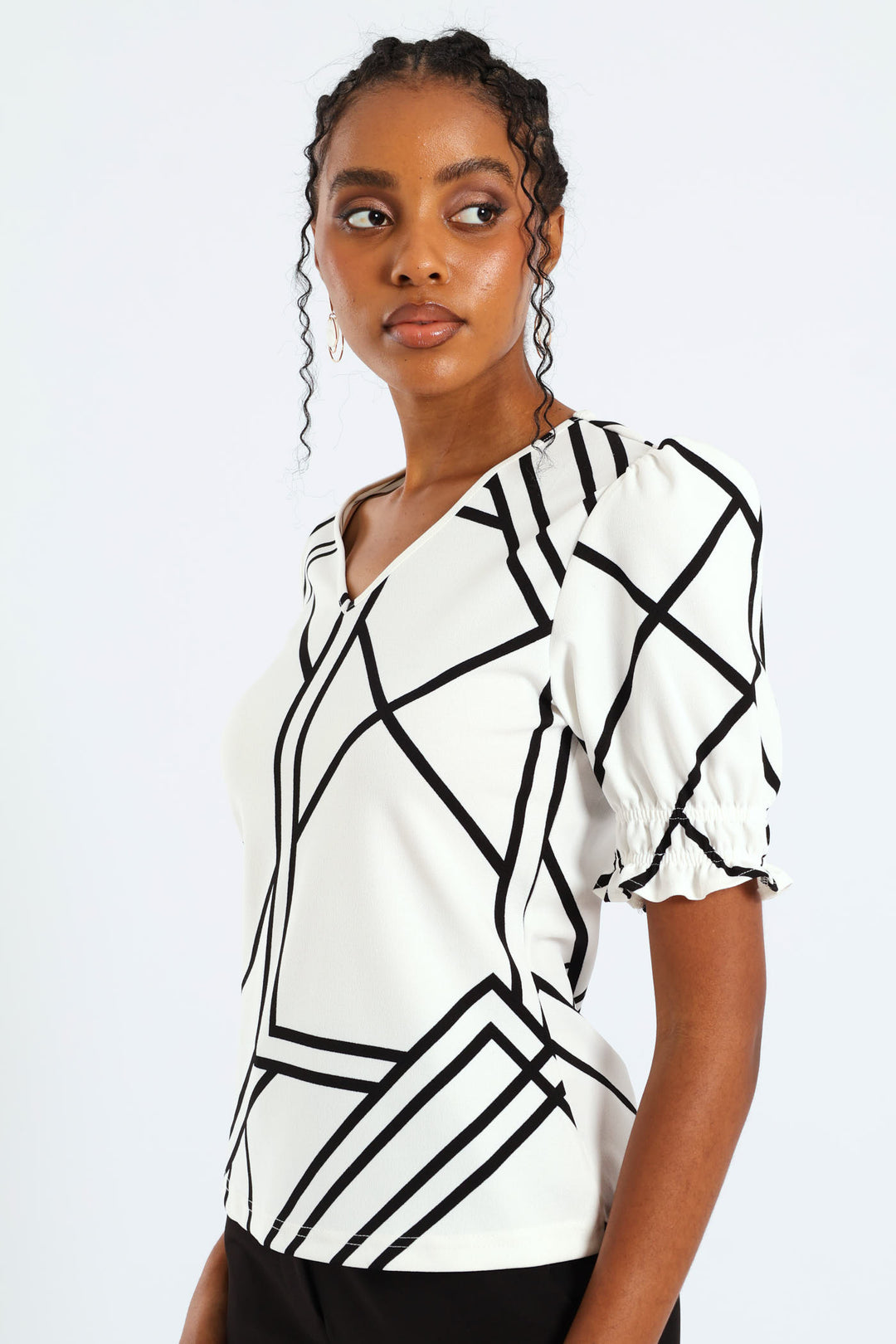 V-Neck Puff Sleeve Blouse - Black/White