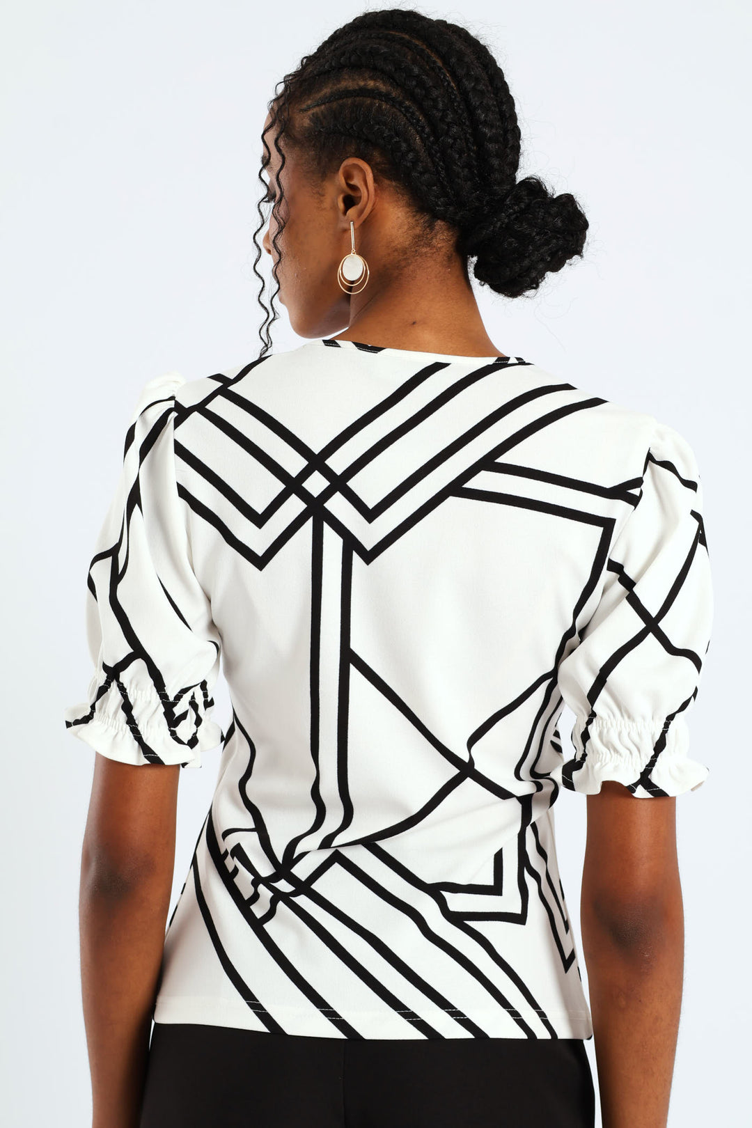 V-Neck Puff Sleeve Blouse - Black/White