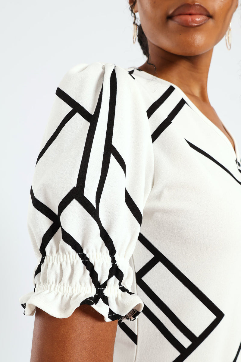 V-Neck Puff Sleeve Blouse - Black/White