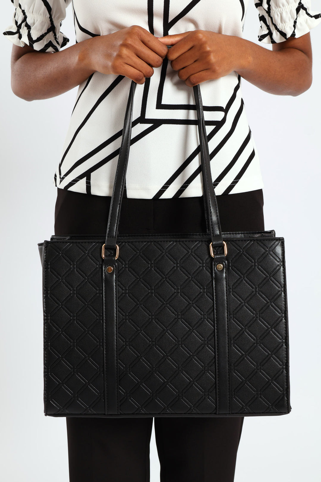 Geo Embossed Square Shopper Bag - Black