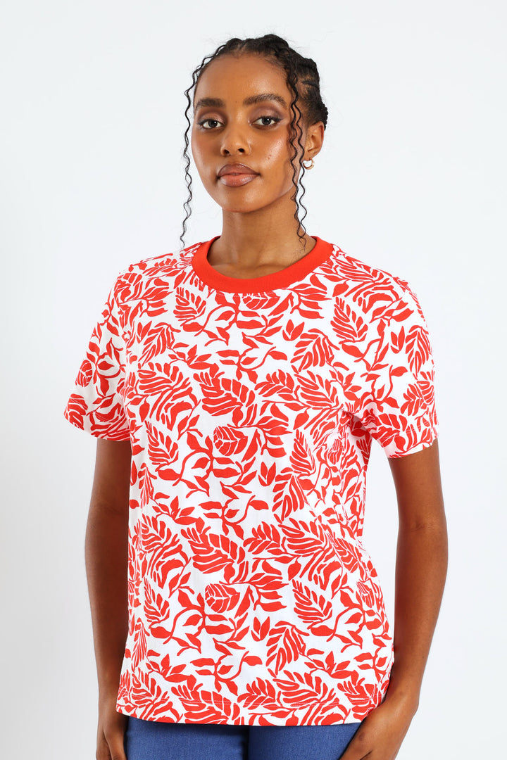 Plain Rib Neck Boxy Abstract Leaf Print Tee - Vermilion
