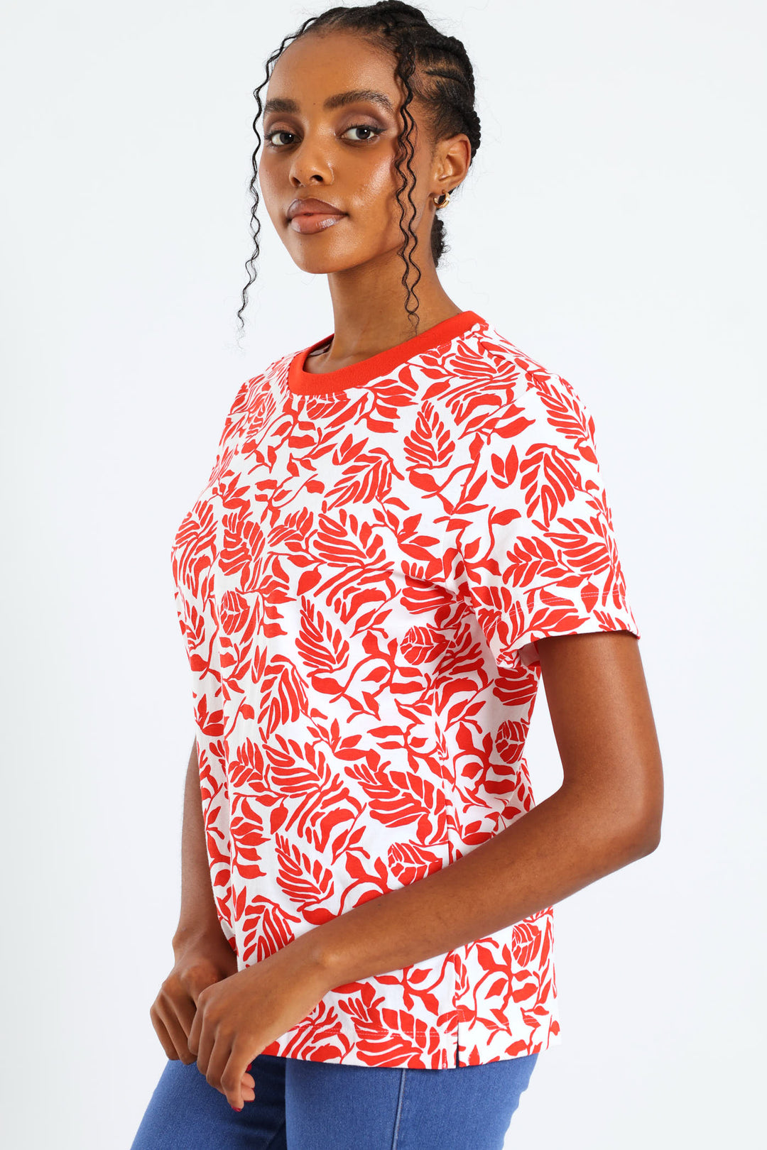 Plain Rib Neck Boxy Abstract Leaf Print Tee - Vermilion