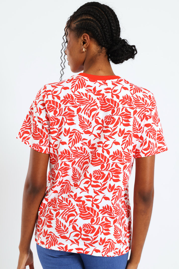 Plain Rib Neck Boxy Abstract Leaf Print Tee - Vermilion