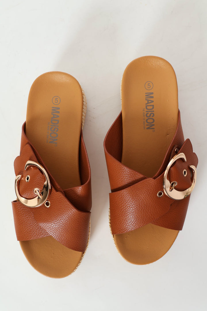 Cross Buckle Strap Platform Sandal - Tan