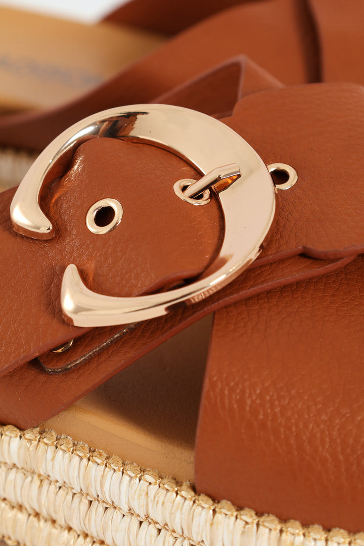 Cross Buckle Strap Platform Sandal - Tan