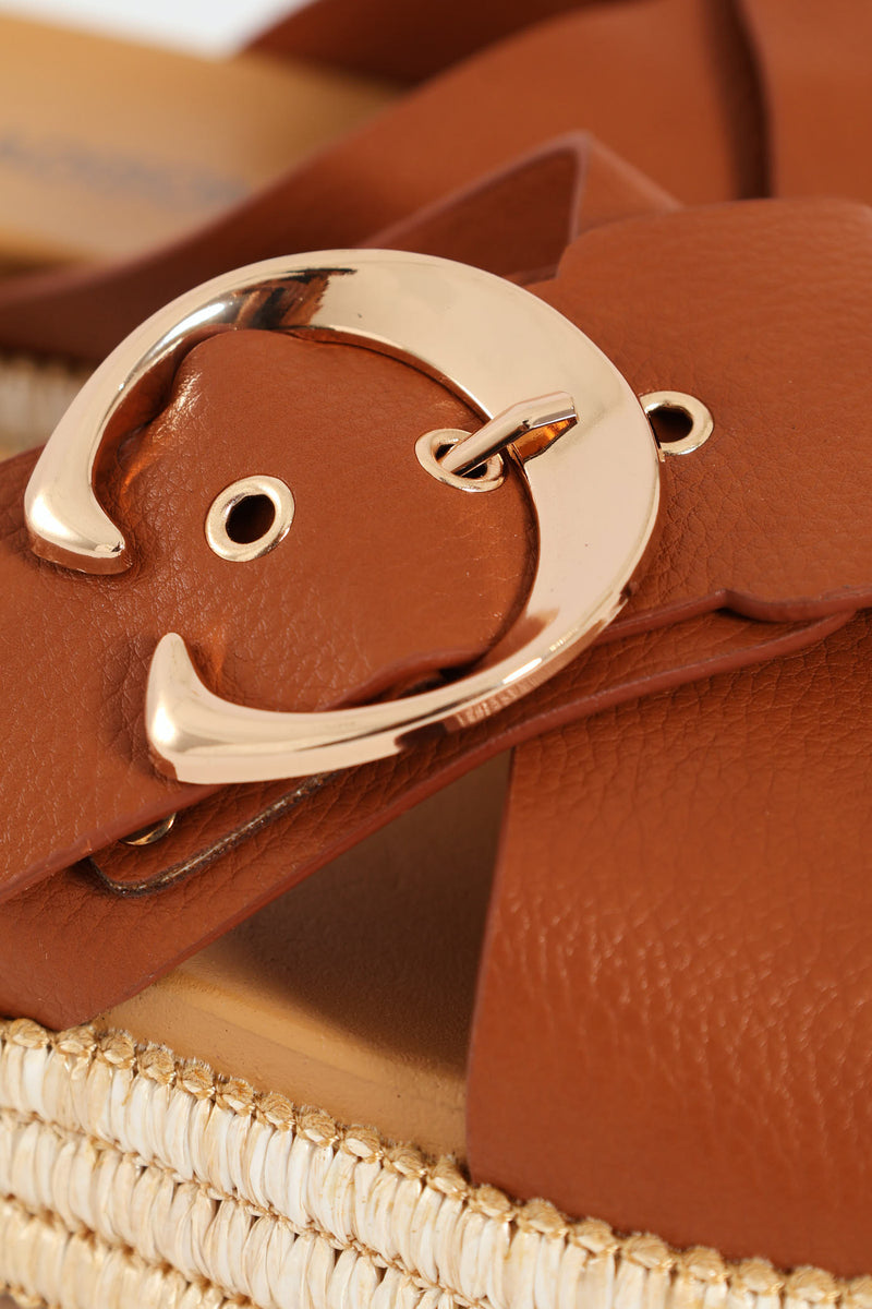 Cross Buckle Strap Platform Sandal - Tan