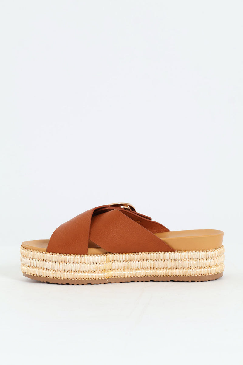 Cross Buckle Strap Platform Sandal - Tan