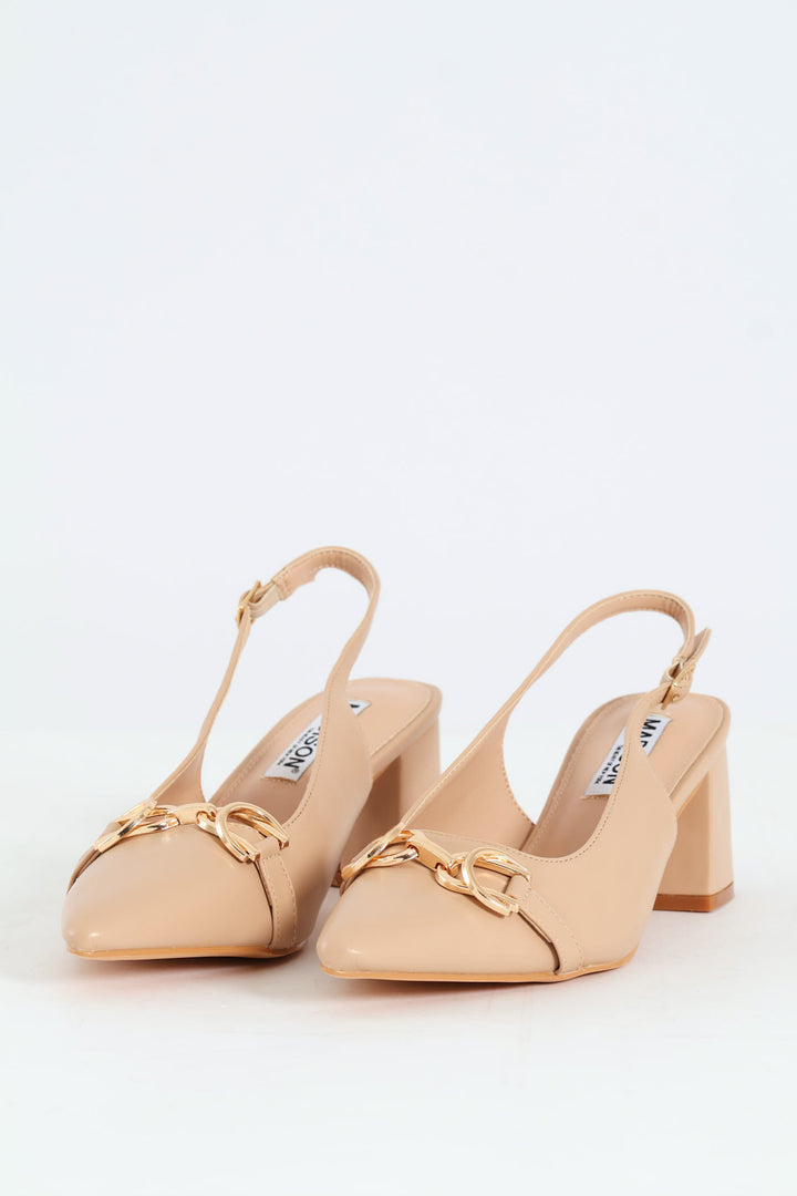 Horseshoe Strap Slingback Block Heel - Nude