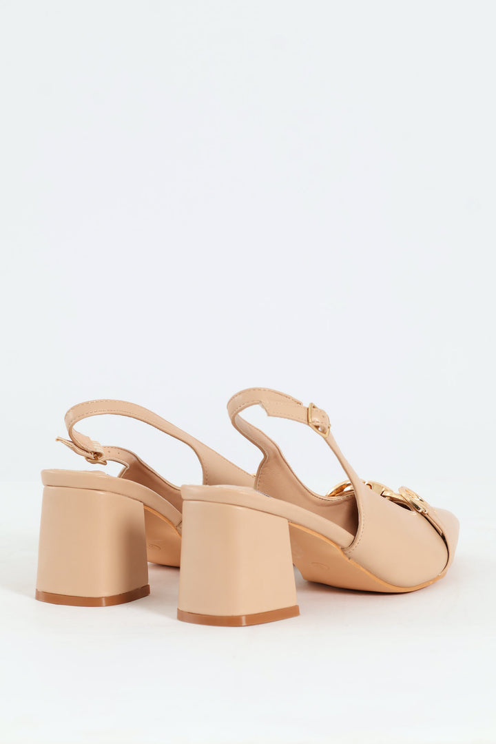 Horseshoe Strap Slingback Block Heel - Nude