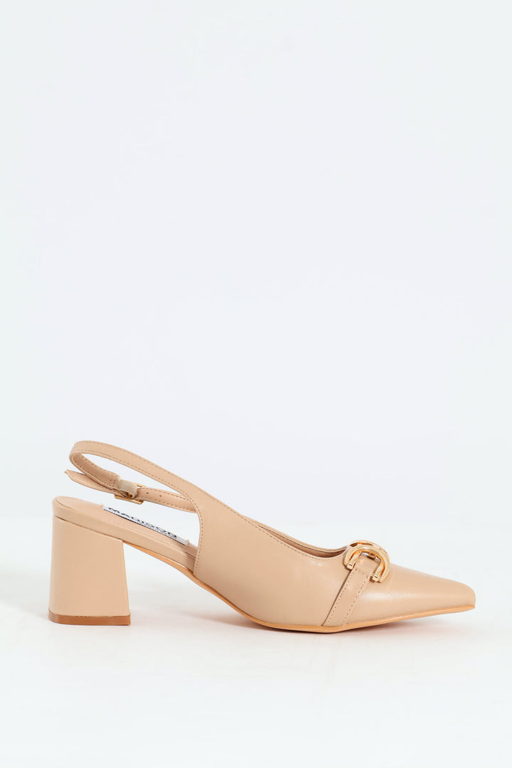 Horseshoe Strap Slingback Block Heel - Nude