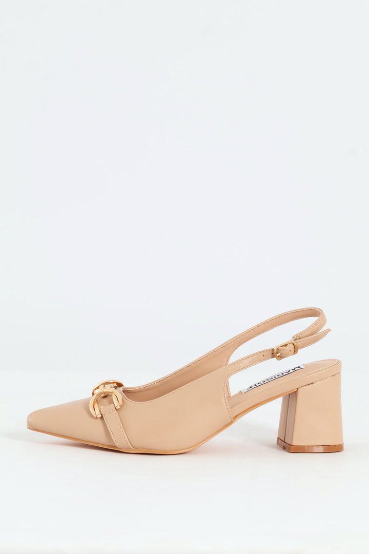 Horseshoe Strap Slingback Block Heel - Nude