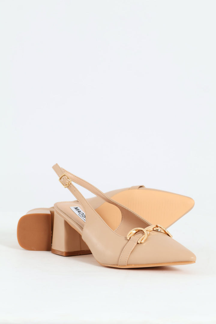 Horseshoe Strap Slingback Block Heel - Nude