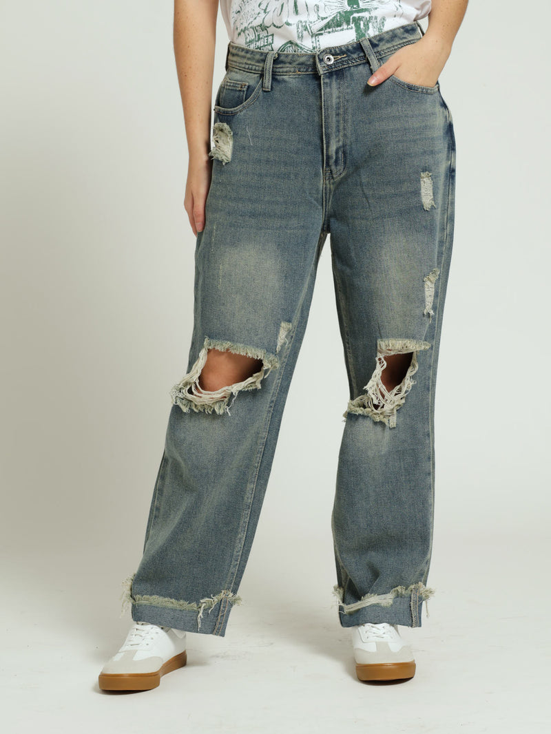 Ripped Knee Boyfriend Jean - Dark Wash/Brown