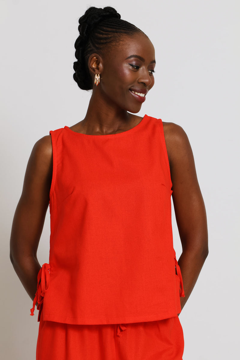 Side Ties Detail Linen Shell Tank - Dark Orange