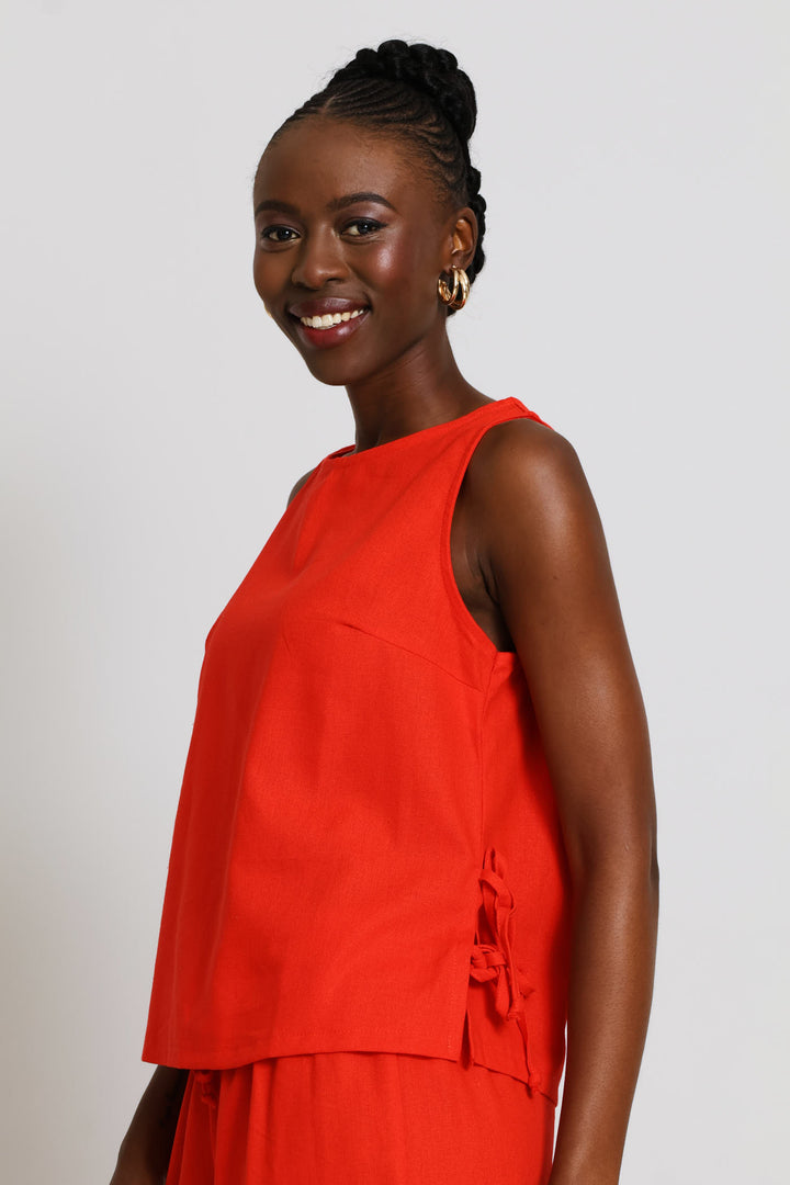 Side Ties Detail Linen Shell Tank - Dark Orange