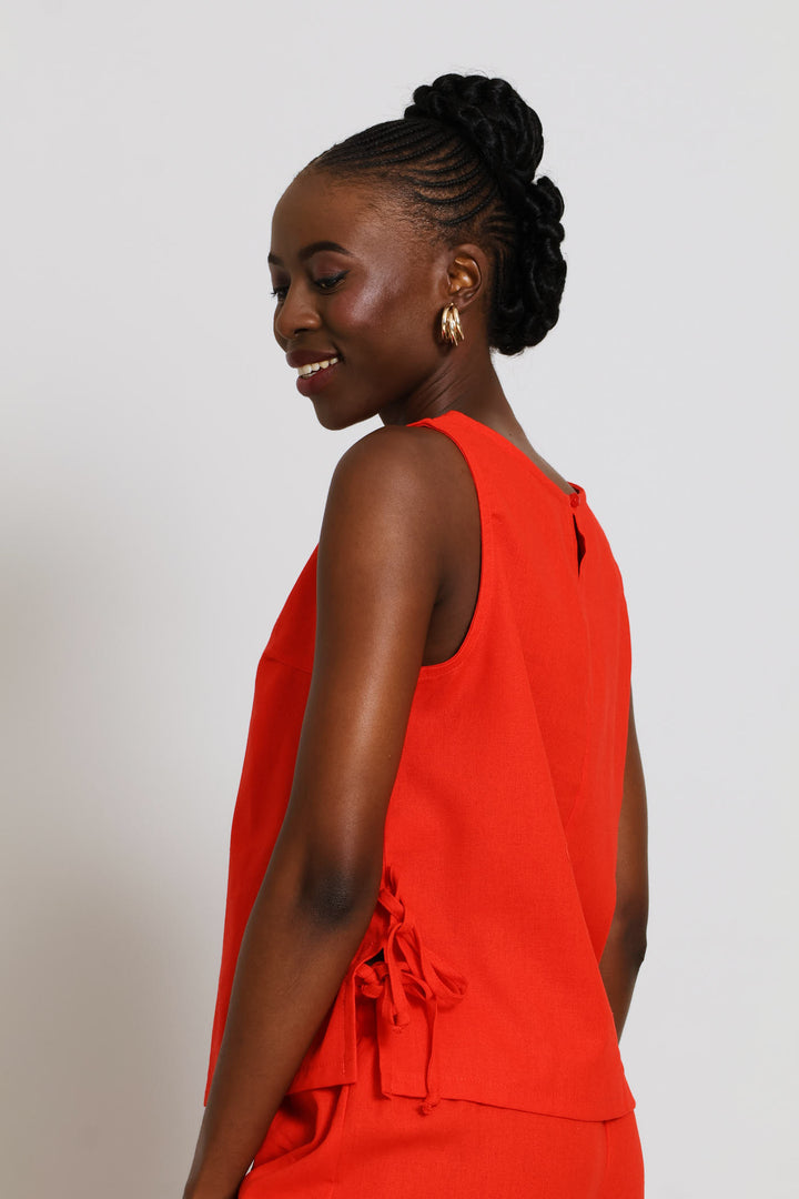 Side Ties Detail Linen Shell Tank - Dark Orange