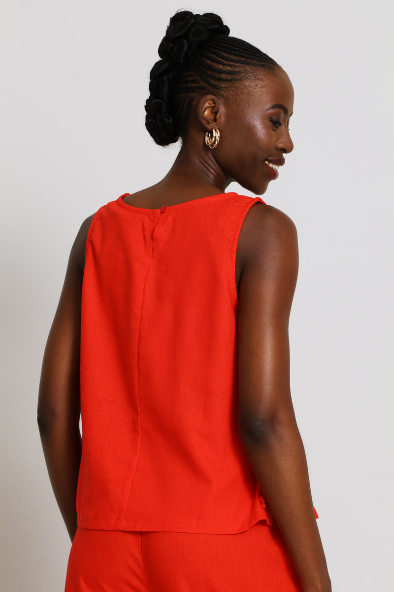 Side Ties Detail Linen Shell Tank - Dark Orange