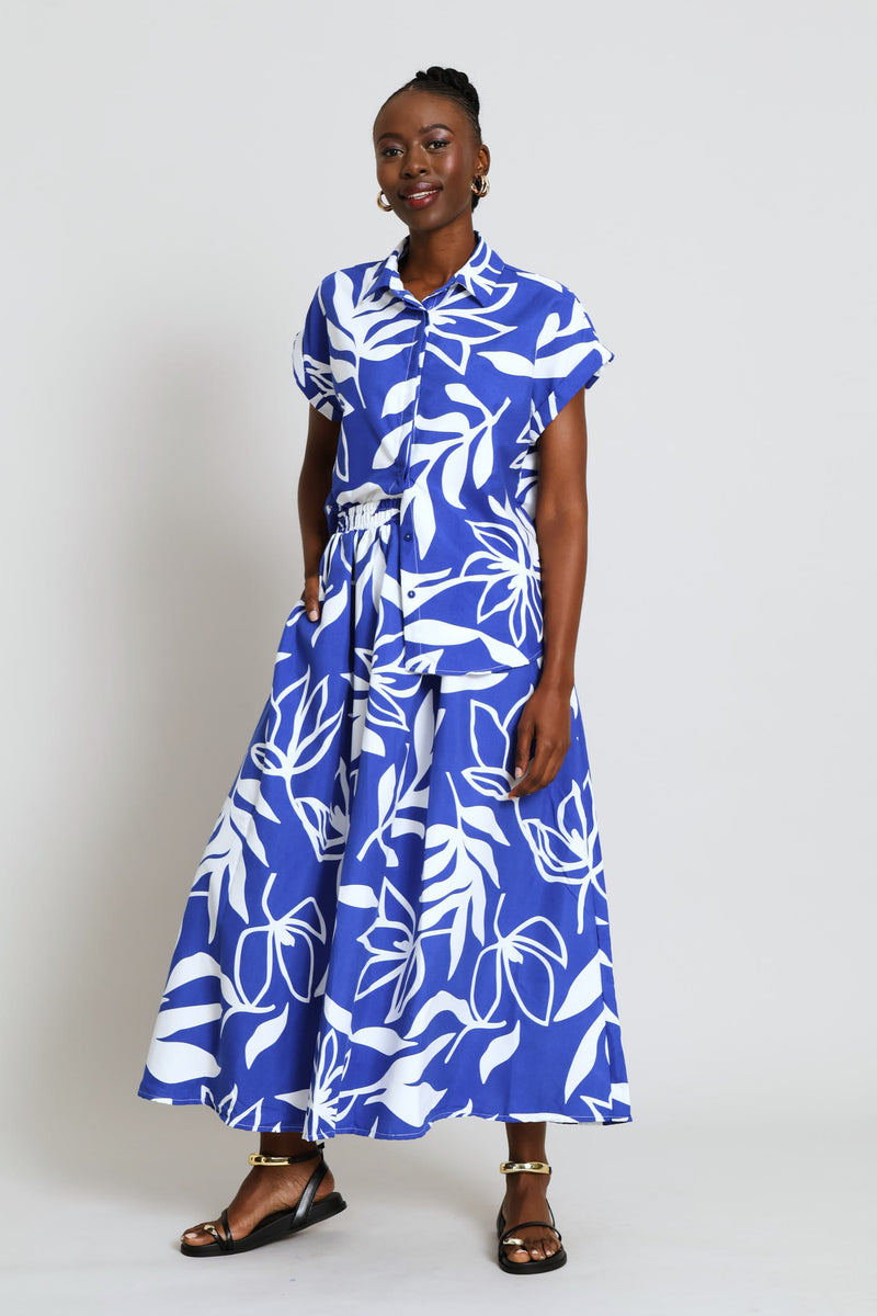Textured Flare Midi Skirt - Cobalt/White