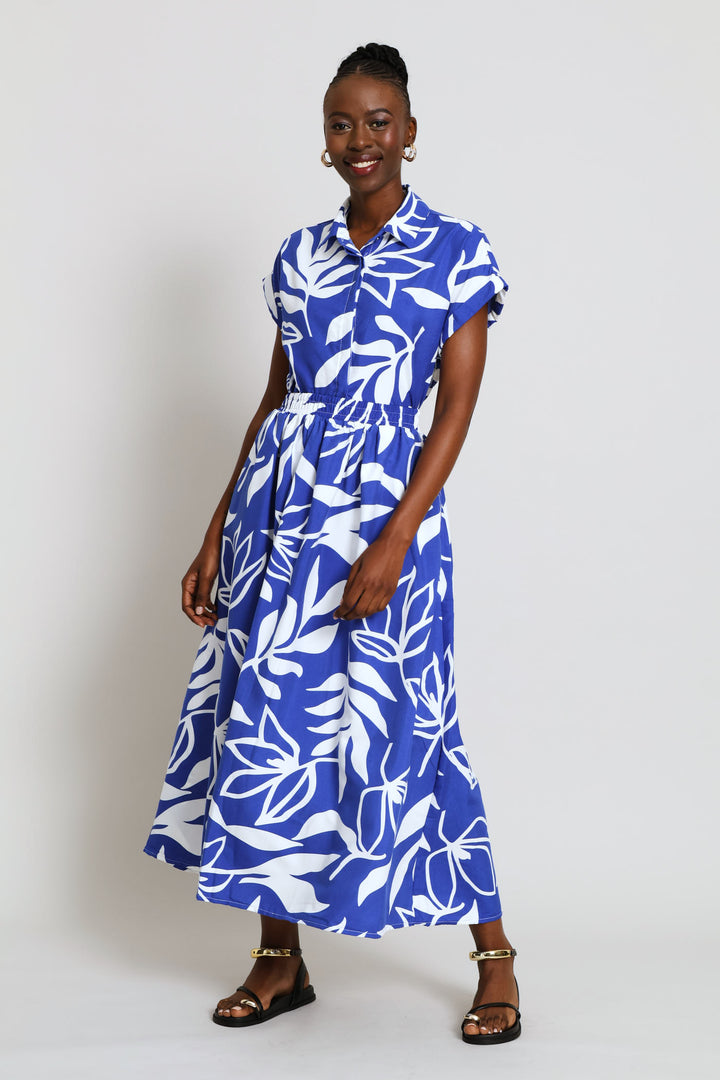 Textured Flare Midi Skirt - Cobalt/White