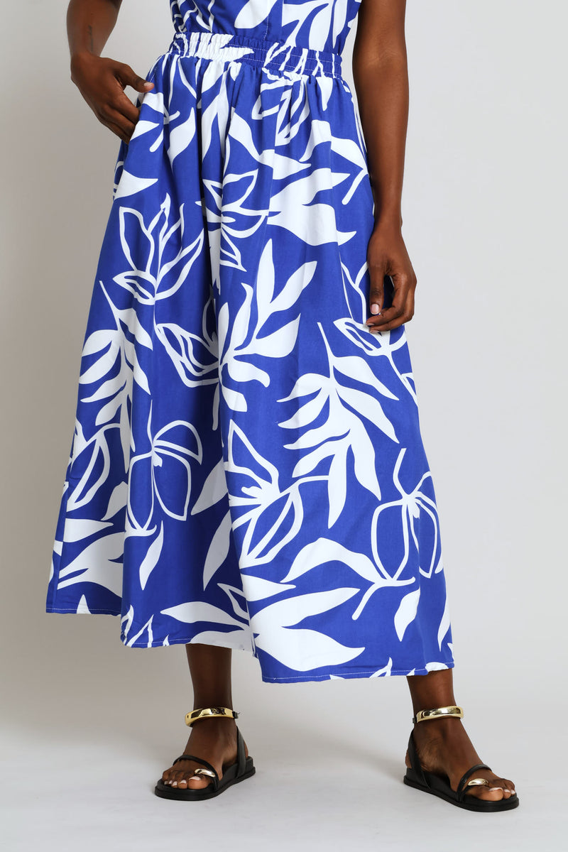 Textured Flare Midi Skirt - Cobalt/White