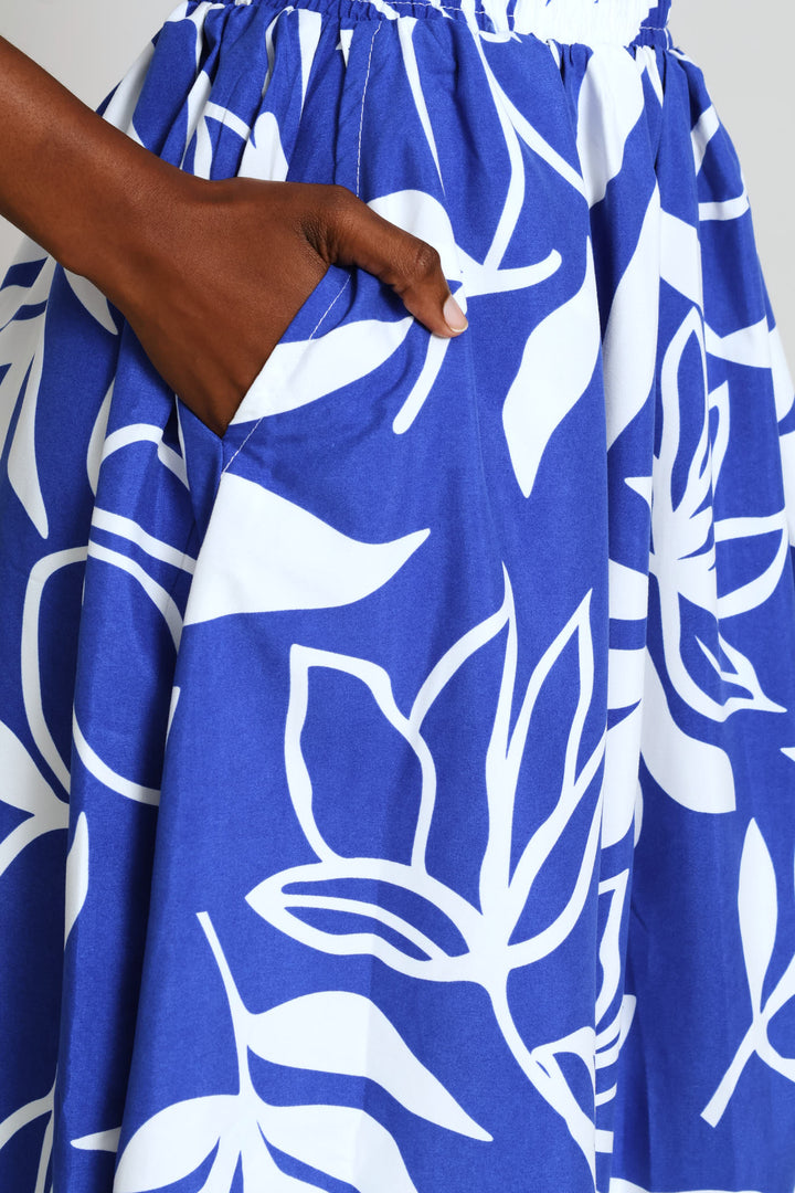 Textured Flare Midi Skirt - Cobalt/White
