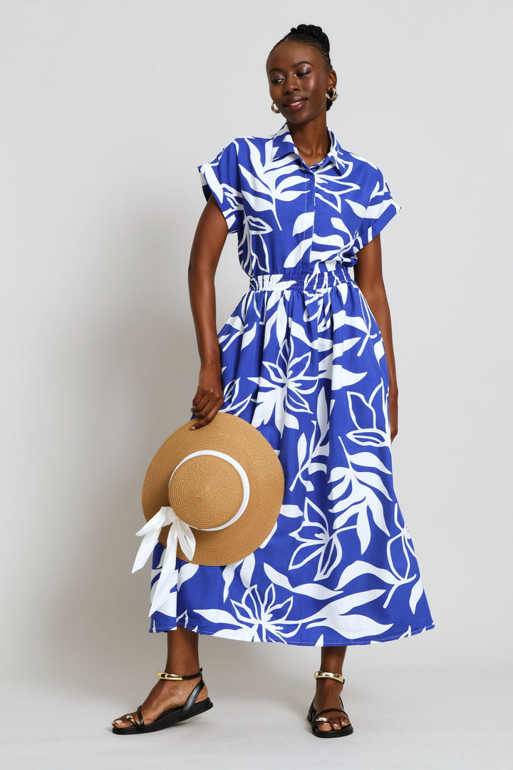 Textured Flare Midi Skirt - Cobalt/White