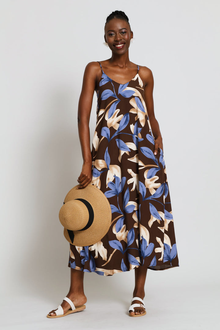 Strappy A-Line Slip Midi Dress - Chocolate