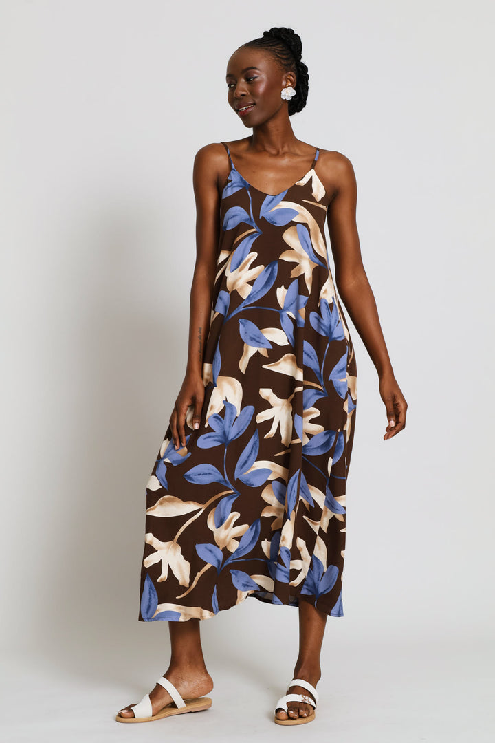 Strappy A-Line Slip Midi Dress - Chocolate