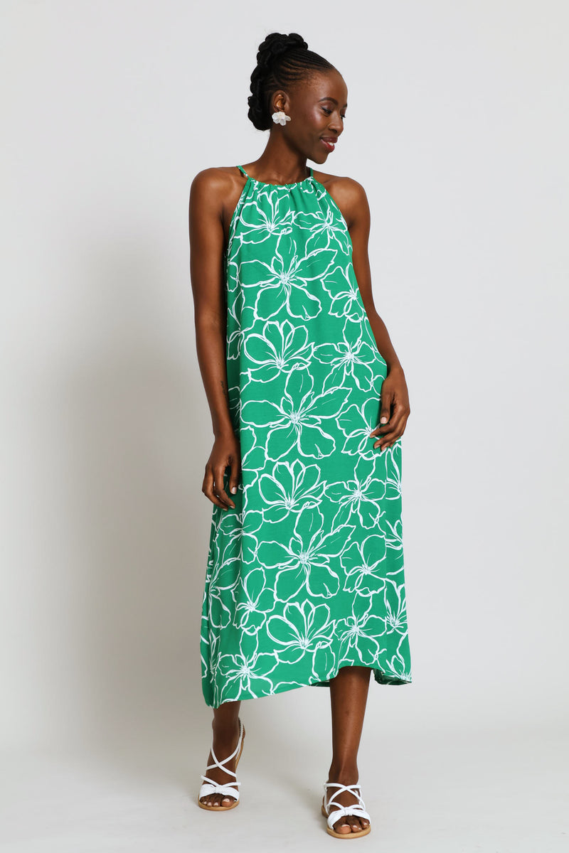 Hi-Neck Back Drawstring Tie Midaxi Dress - White/Green