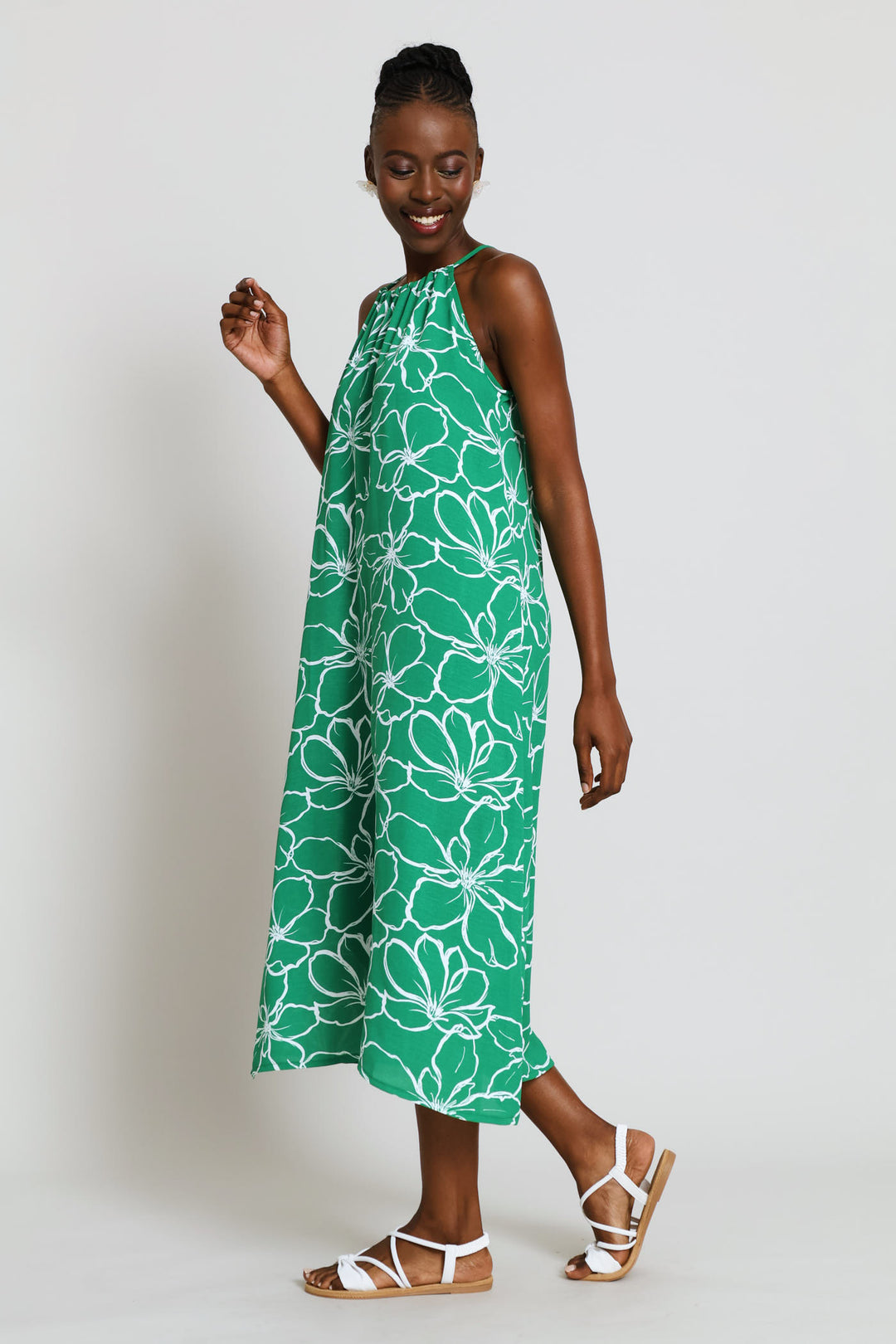 Hi-Neck Back Drawstring Tie Midaxi Dress - White/Green